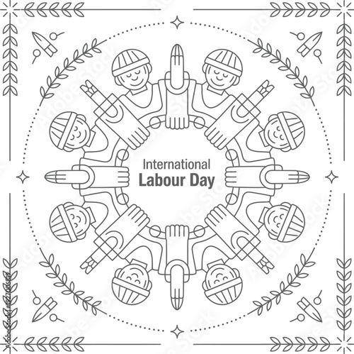 International labour day logo depicting people working together in a circular, harmonious design