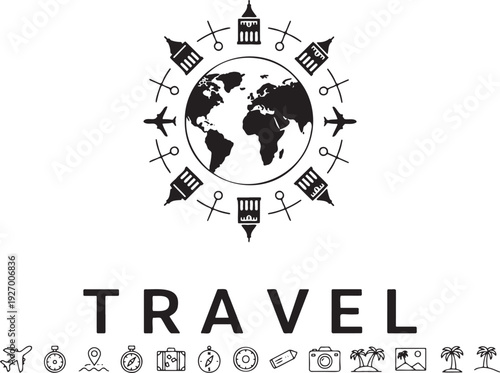 Global travel concept with iconic landmarks and airplane icons encircling a stylized earth symbolizing worldwide exploration and adventure set against a clean transparent with the word 'travel'