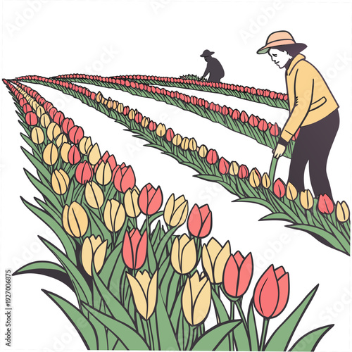 A man is tending to a field of tulips