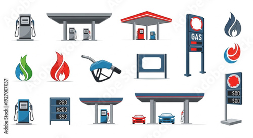 Various gas station elements and fuel pump icons for design projects.