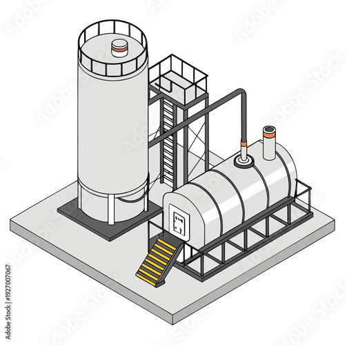 Industrial equipment setup with cylindrical tank and machinery
