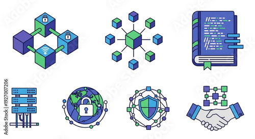 Blockchain technology and digital security concepts illustrated with icons and symbols.
