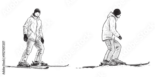 Two cheerful teenagers students skiing on winter day, realistic sketch, vector, hand drawn illustration