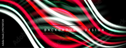 Abstract neon lines create dynamic background. Red, green, white colors blend, forming futuristic design. Dark space emphasizes glowing elements.