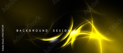 Abstract yellow lines over black background. Modern design element, dynamic curves, bright illumination, elegant composition.