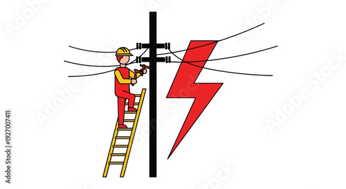 A utility worker in a yellow hard hat and red uniform climbs a ladder to repair a power line with a large red lightning bolt nearby on a white background.
