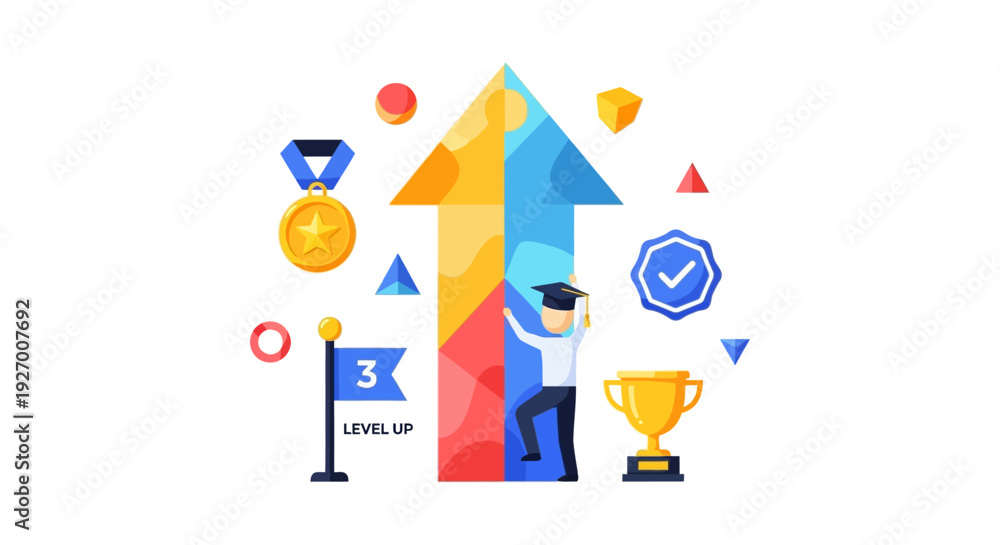 Obraz premium Education and Career Growth Illustration: Student Climbing Achievement Arrow to Level Up Success
