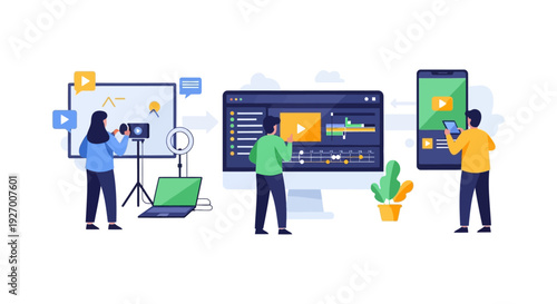 Video Production Workflow Concept: Content Creation, Professional Editing Software, and Mobile Sharing for Social Media Marketing