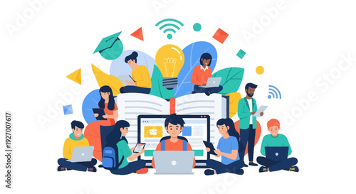 E-Learning Concept: Diverse Students Studying Online with Laptops and Tablets, Surrounded by Educational Symbols (Book, Lightbulb, WiFi).