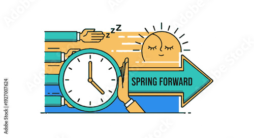 Hand adjusting clock forward with arrow pointing right symbolizing daylight saving time transition spring forward concept