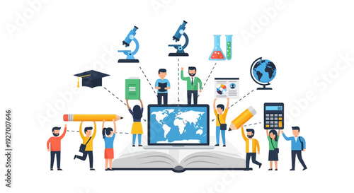 Global Education Concept: Students Collaborating on Digital Learning and Academic Knowledge Acquisition. Online Study Platform Illustration.