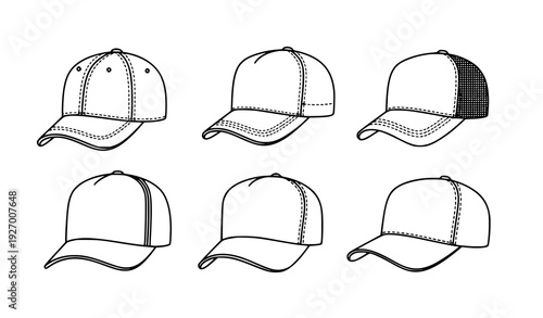 Minimal Baseball Cap Outline Icons Set in Black Line Art Vector for Sports and Apparel Design