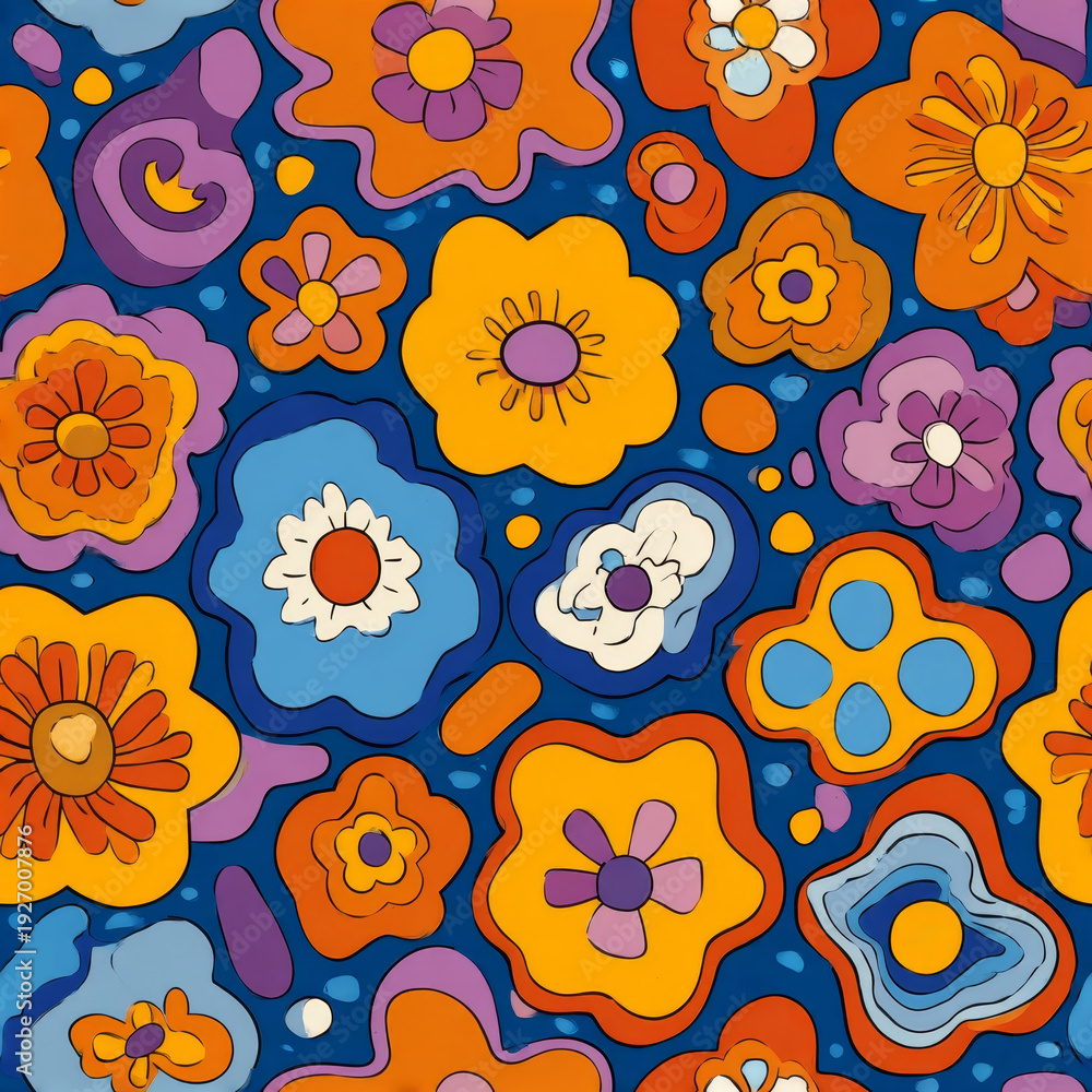 Fototapeta premium A vibrant abstract pattern featuring colorful flowers with shades of orange, blue, purple, and yellow on a dark blue background, creating a playful atmosphere.
