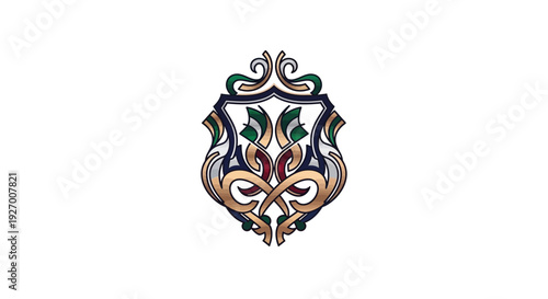 Ornate heraldic shield crest with traditional decorative emblem, isolated white background.