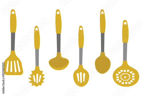 Golden kitchen utensils set flat vector illustration
