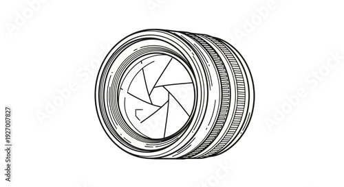 Detailed camera lens with visible aperture blades, isolated white background.