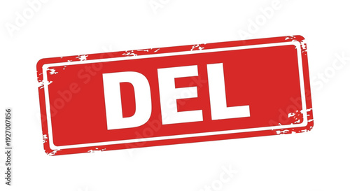 A bright red rectangular stamp displays the white letters del with a distressed textured appearance silhouette high quality