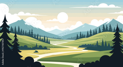 Peaceful mountain landscape with winding road through a green valley and pine trees under a sunny sky.