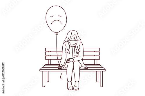 Sad girl sitting on an outdoor bench holding a balloon on Blue Monday. Line art illustration of loneliness and seasonal depression for a coloring book about Mental Health awareness.