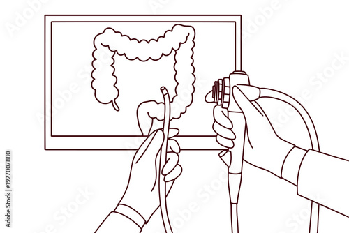 Medical illustration of doctor's hands holding an endoscope. Black and white outline of hospital diagnostic equipment and intestinal health screening for educational medical coloring.