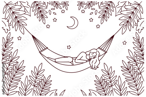 Woman sleeping peacefully in a hammock under a crescent moon and stars. Line art for World Sleep Day in March, focusing on relaxation, nature, and Mental Health awareness.