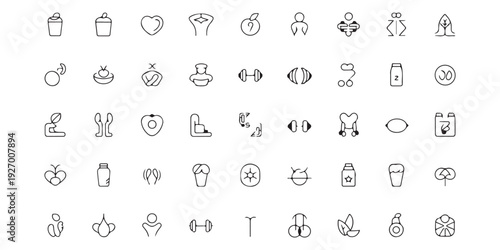 Set of 36 wellness line icons, modern pictogram collection, healthy living sketch vector illustrations