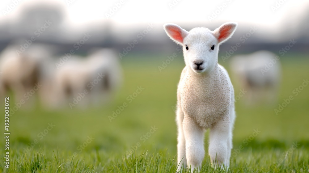 Obraz premium A cute lamb stands gracefully in a lush green field. The sunlit landscape highlights its soft wool and playful nature. A perfect image for animal lovers or nature enthusiasts. AI