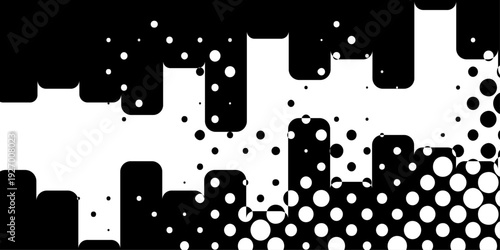 Abstract black and white halftone dot pattern, geometric pop art background with distorted circles and grid texture for edgy modern design.