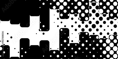 Abstract black and white halftone dot pattern, geometric pop art background with distorted circles and grid texture for edgy modern design.
