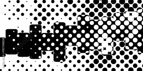 Abstract black and white halftone dot pattern, geometric pop art background with distorted circles and grid texture for edgy modern design.
