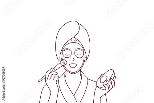 Young woman applies green avocado face mask to hydrate skin and treat acne. Beauty coloring page shows healthy skincare habits, organic cosmetics, and self care morning routine in bathroom.