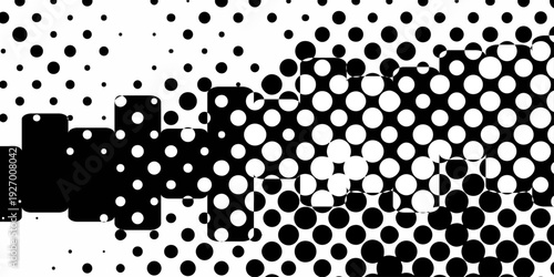 Abstract black and white halftone dot pattern, geometric pop art background with distorted circles and grid texture for edgy modern design.