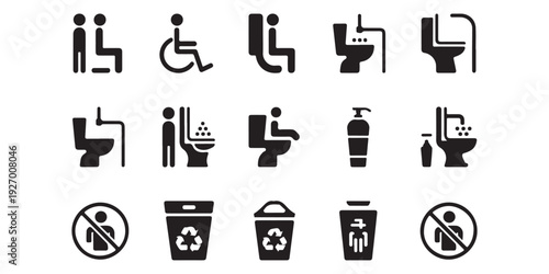 Restroom icons for public facilities including toilets disabled access and trash