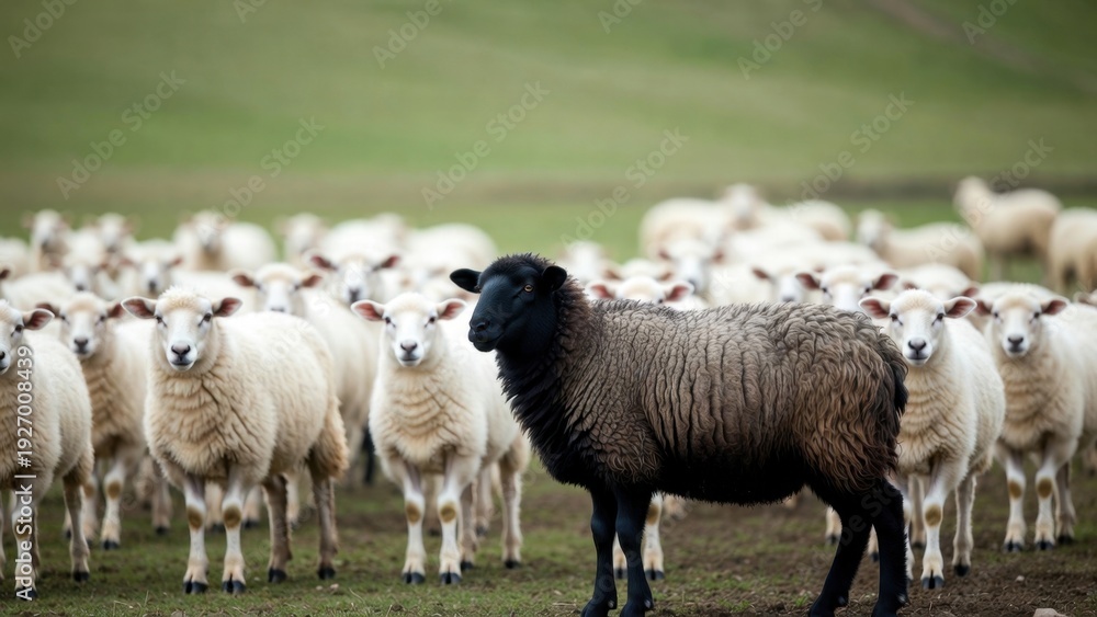 Obraz premium Black sheep among white sheep in green pasture.