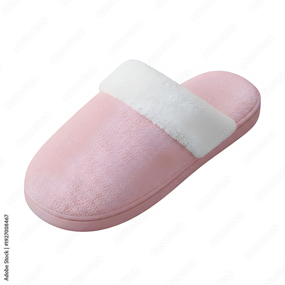 Fototapeta premium Pink fuzzy slippers with white strap for comfortable relaxation