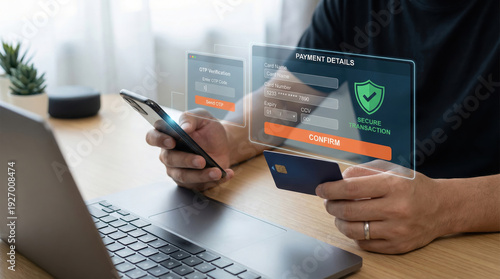 Man making secure online payment with credit card and smartphone