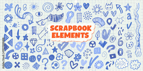Collection of hand drawn doodles and scrapbook elements on lined paper