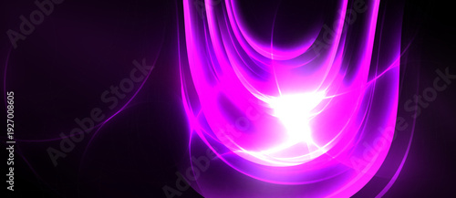 Bright purple energy radiates, forming swirling patterns against dark background. Light source creates intense glow, dynamic composition.