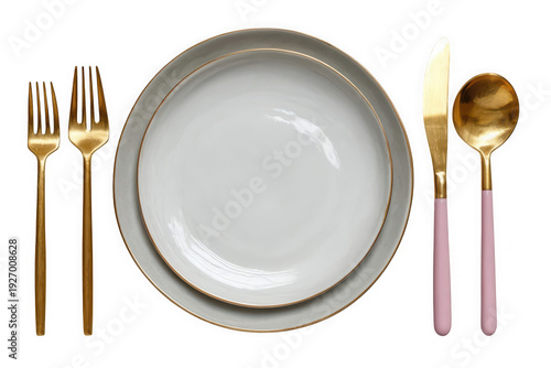 Elegant golden cutlery and white plates set for a formal dining experience isolated on transparent background