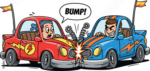 Cartoon cars crash into each other with speech bubble