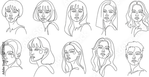 Collection of ten different womens faces in line art style