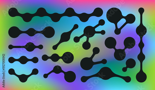 Abstract metaball shapes. Spotted liquid graphic design elements, connected curved molecule figures flat vector illustration set. Metaball shapes collection