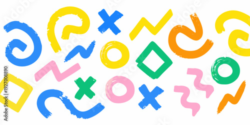 Colorful abstract shapes and squiggles scattered across a white background