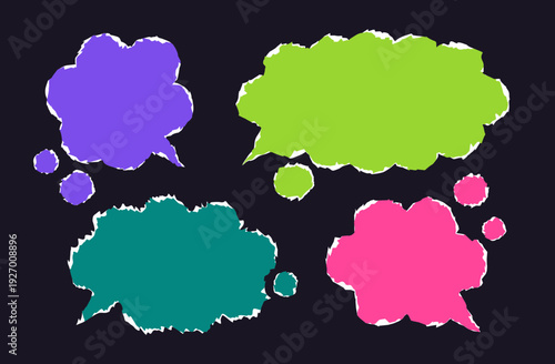 Balloon shapes ripped paper sheets. Damaged paper speech bubbles with scrap edge, thought message cloud cracked paper pieces flat vector illustration set. Torn paper speech bubble shapes