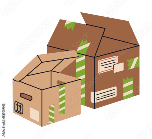 Cargo boxes. Cartoon warehouse boxes covered with adhesive tape, open parcels, delivery or moving carton containers flat vector illustration. Carton boxes isolated on white background