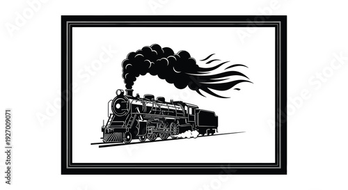 A vintage steam locomotive depicted in a striking black silhouette emitting plumes of smoke silhouette high quality professional