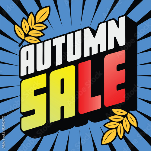 Autumn sale text with leaves and sunburst background