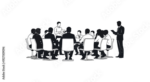 A group of people engaged in a meeting or presentation depicted as a striking silhouette high quality professional