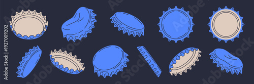 Cartoon metal caps. Beer, soda pop or lemonade bottle caps, metallic lid for glass containers with refreshing beverages flat vector illustration set. Isolated bottle caps