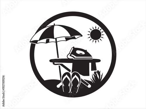 Black and white beach scene with umbrella table and flip flops icon design